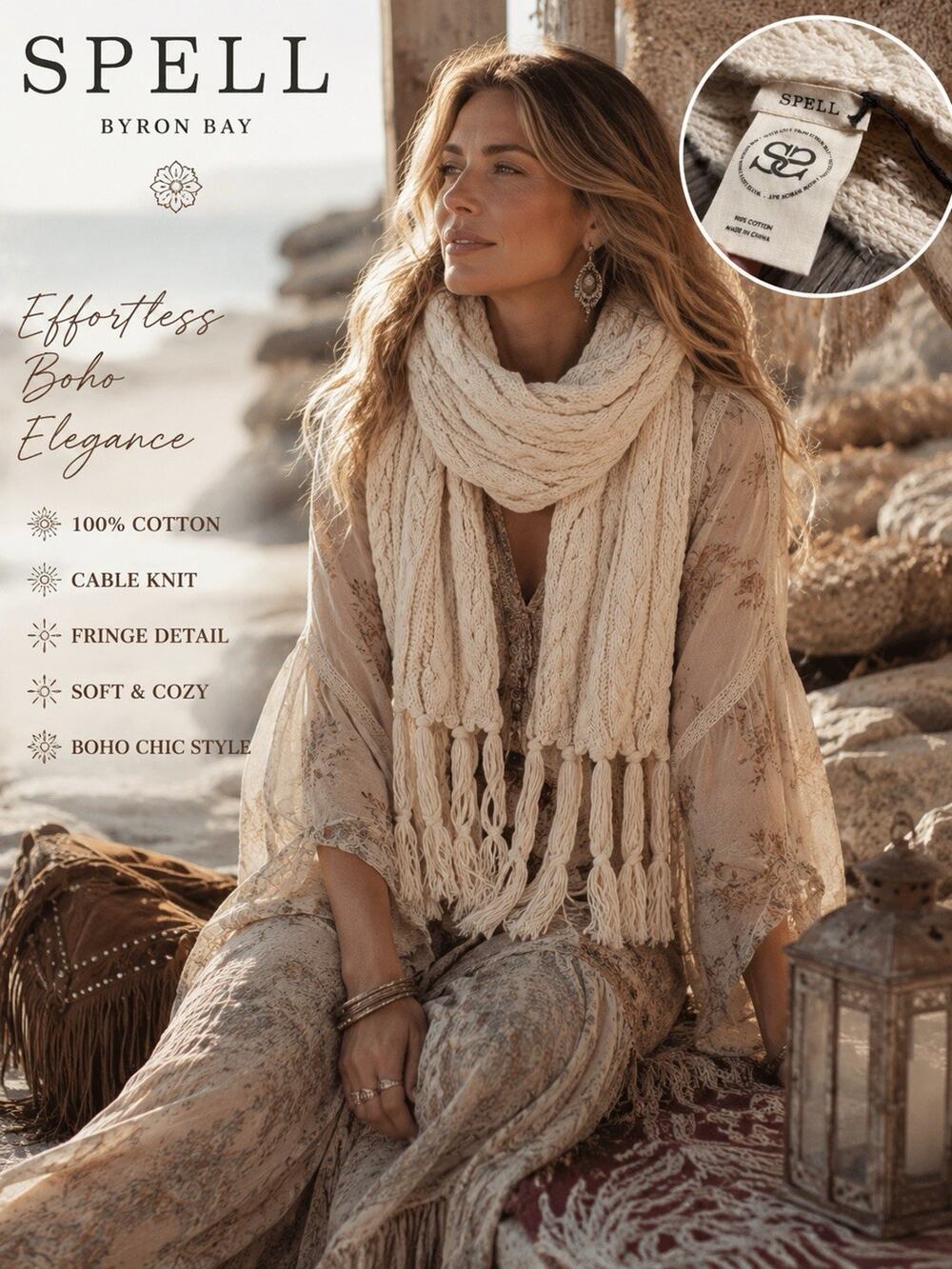 SPELL Ivory Cable-Knit Knit Fringe Rectangle Scarf, 100% Cotton, Women’s